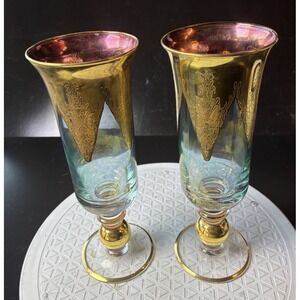 Set of 2 Murano-Inspired Italian Glasses  9"Hand Blown Gold Tone Details (Z1)